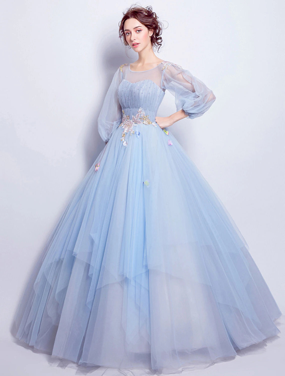 Wholesale  Ball Gown Elegant Floral Puffy Quinceanera Engagement Dress Illusion Neck 3/4 Length Sleeve Floor Length Tulle with Pleats Appliques